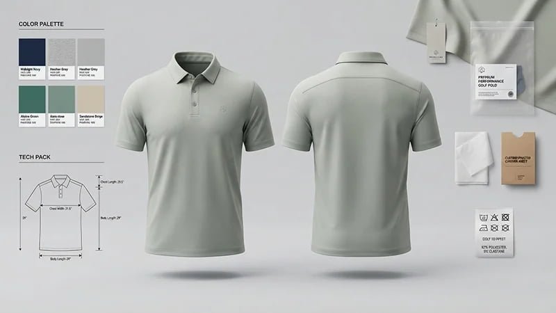 Golf polo production specification including fabric fit collar logo and packaging