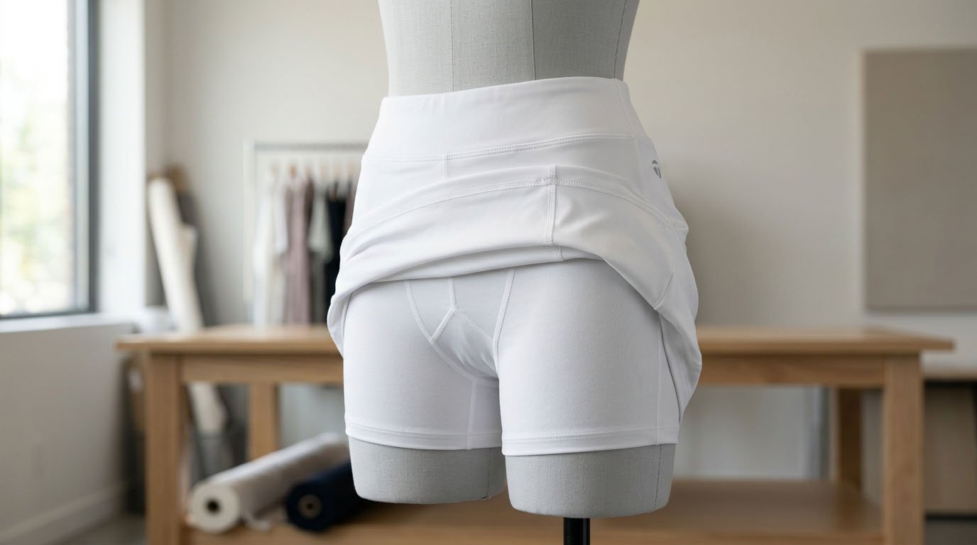White golf skort built-in liner construction showing waistband, leg openings and low-profile seams