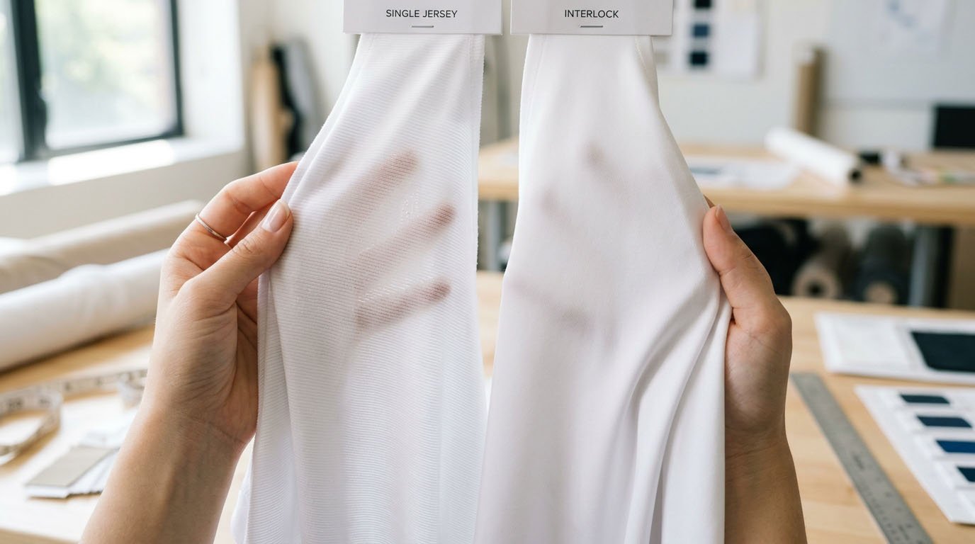 Comparison of white single jersey and interlock fabrics under stretch for golf skort opacity