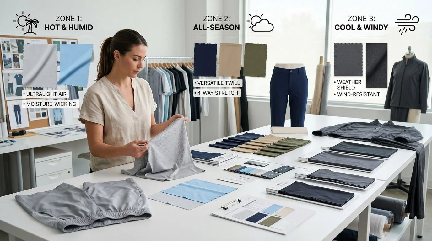 golf pants fabric for hot mild and cold climates